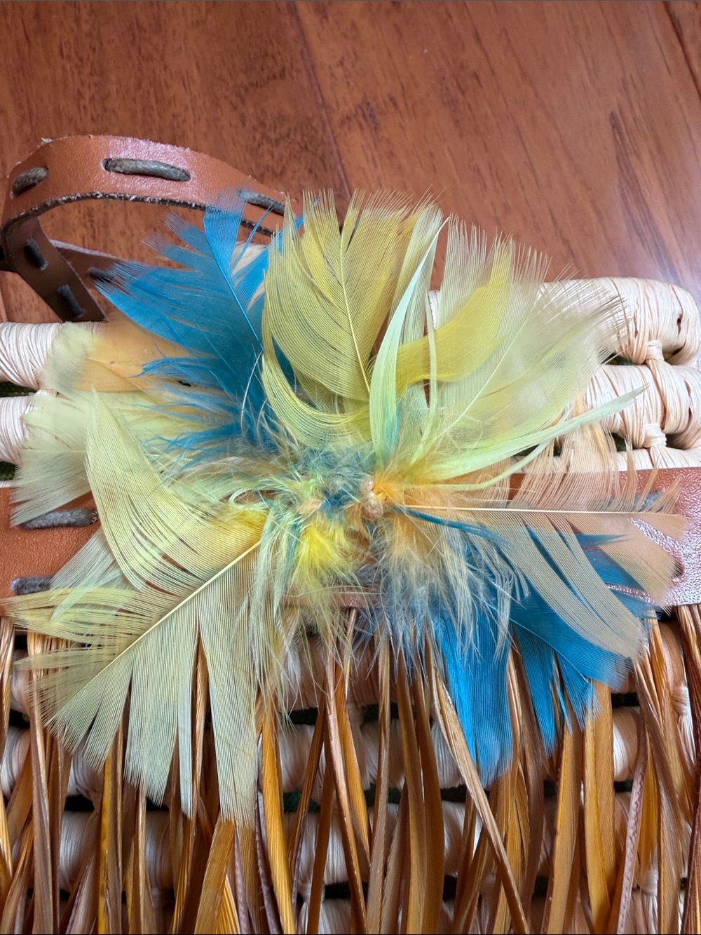 Boho Straw Fringe Tote with Blue & Yellow Feather Accent - Picture 5 of 5